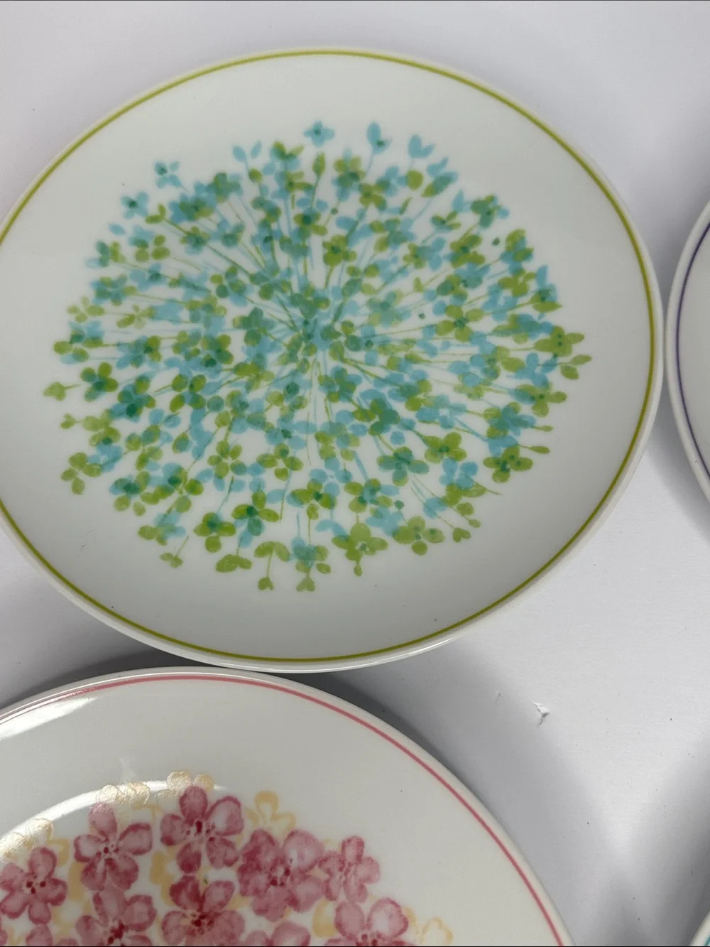 Crate&Barrel Floral Dessert Plates in Green, Purple, Pink, Teal - Set of 4